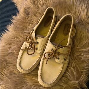 Sperry Off-White Boat Shoes with Brown Laces